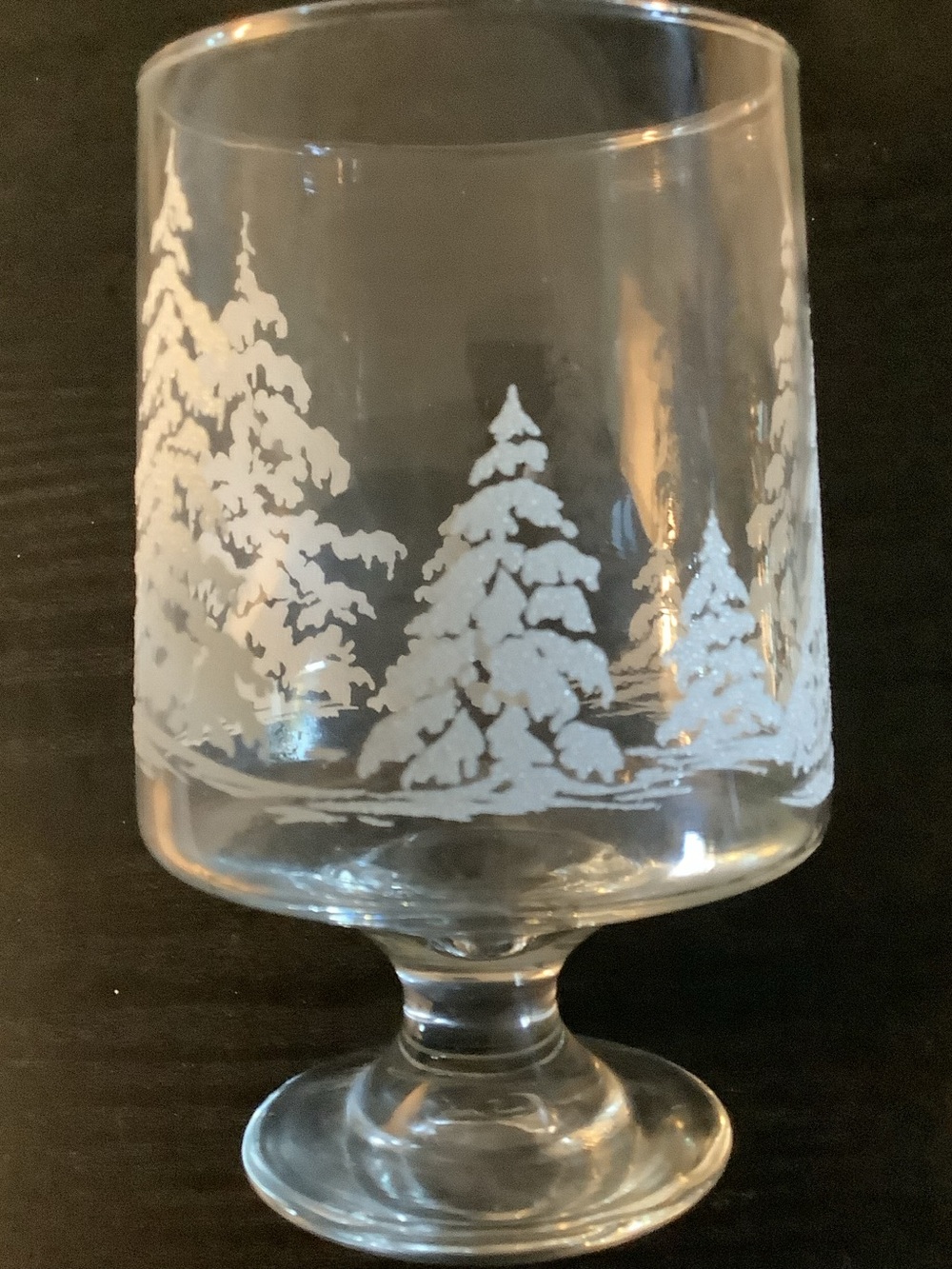 Vintage Etched White Fir Trees on Clear 6” H Glass